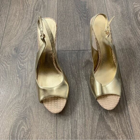 Aldo Women's Wedge Platform Sandals espadrilles Slingback Gold Y2k 2000s Size 9 - Picture 2 of 15